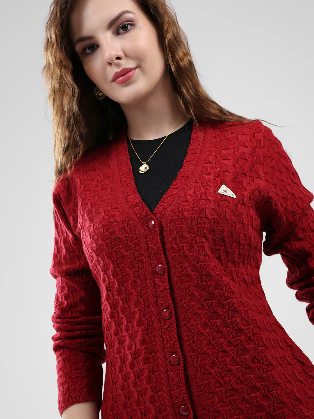 Women Red Self Design V Neck Full Sleeve Cardigan - Image 6