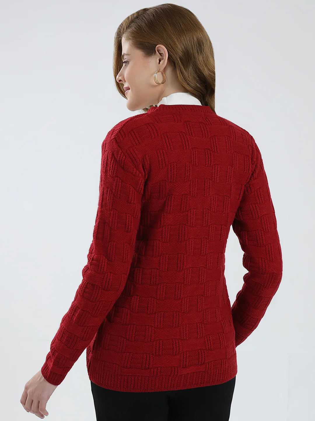 Women Red Self Design V Neck Full Sleeve Cardigan - Image 5