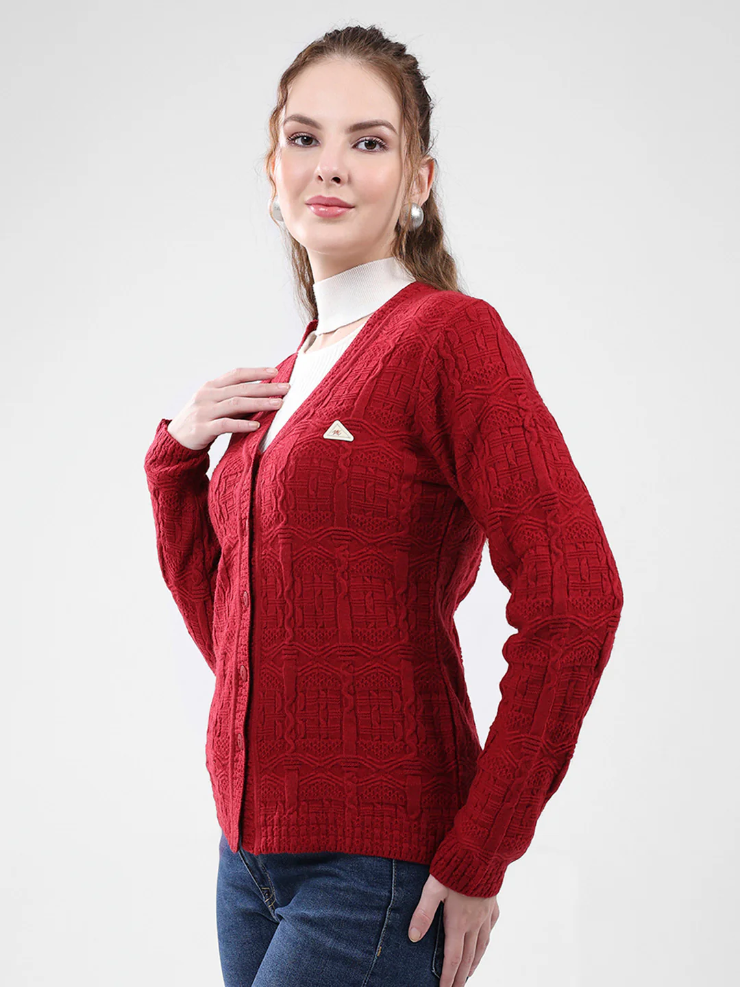 Women Red Self Design V Neck Full Sleeve Cardigan - Image 3