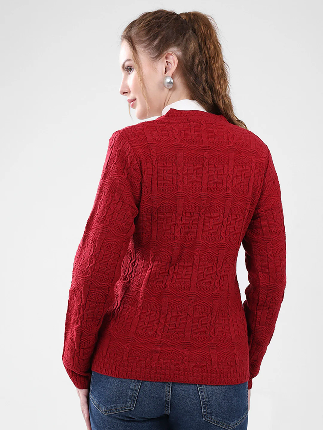 Women Red Self Design V Neck Full Sleeve Cardigan - Image 5