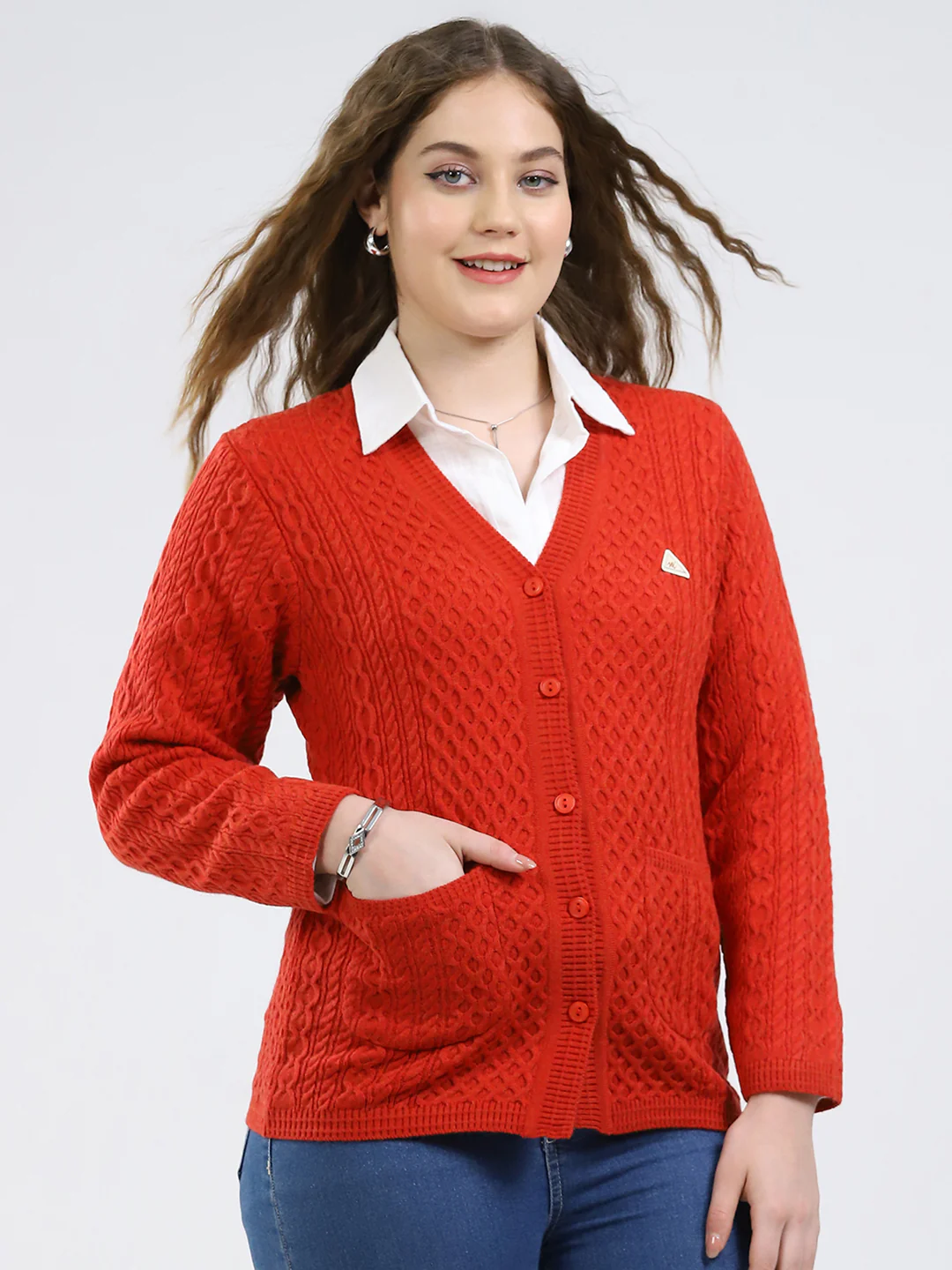 Women Red Self Design V Neck Full Sleeve Cardigan