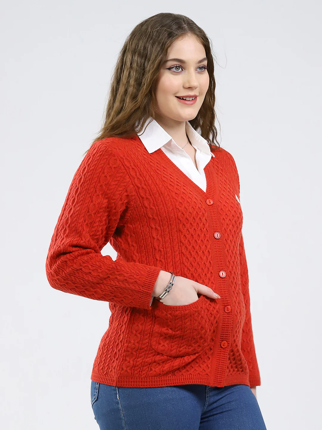 Women Red Self Design V Neck Full Sleeve Cardigan - Image 4