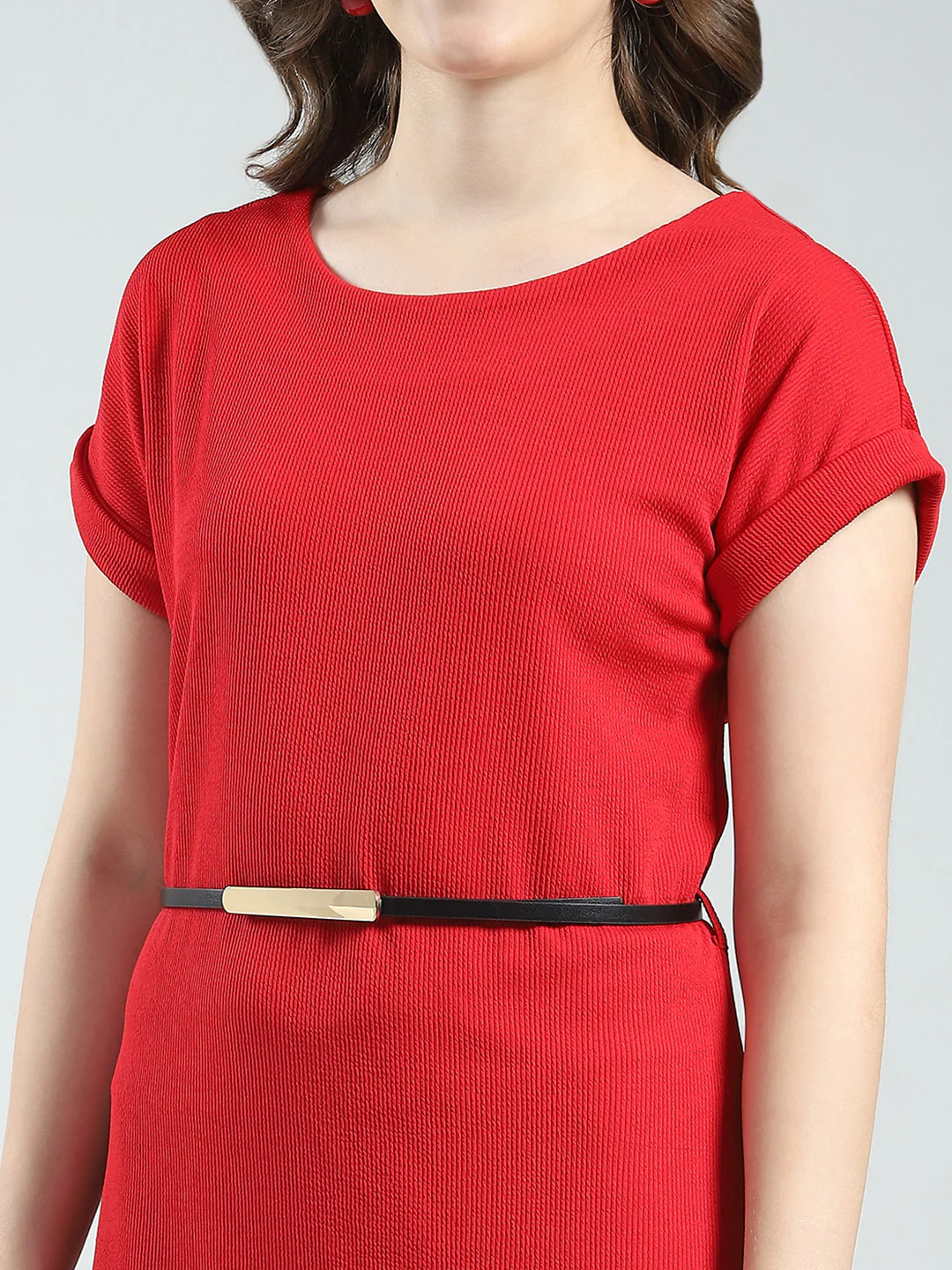 Women Red Self Design Round Neck Half Sleeve Dress - Image 6