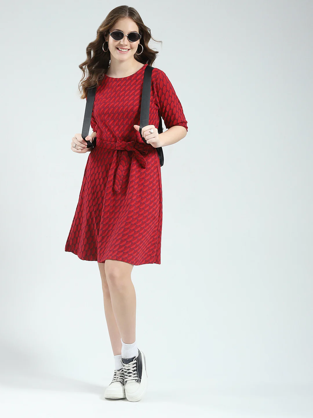 Women Red Self Design Round Neck Half Sleeve Dress - Image 3
