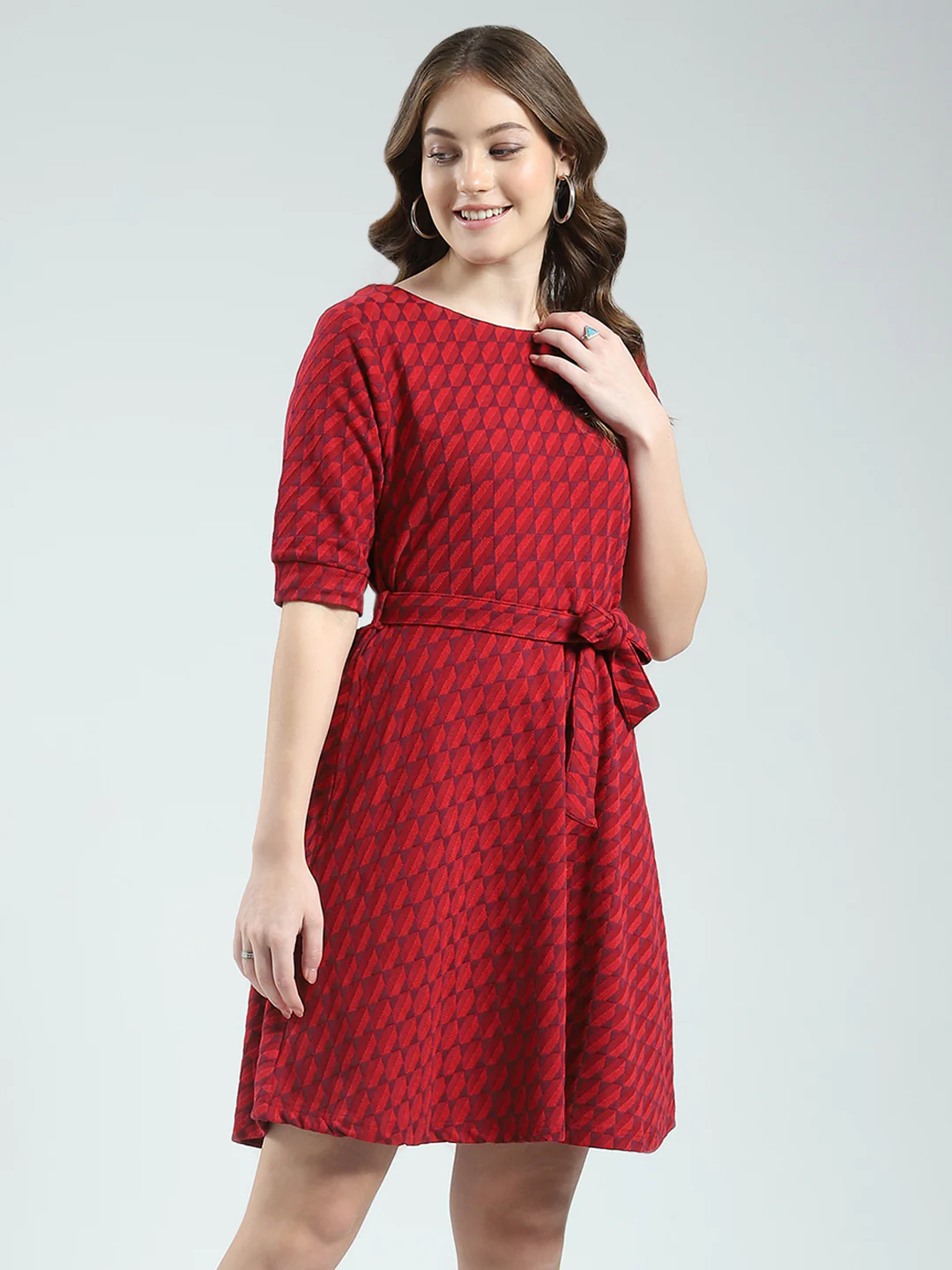 Women Red Self Design Round Neck Half Sleeve Dress - Image 5