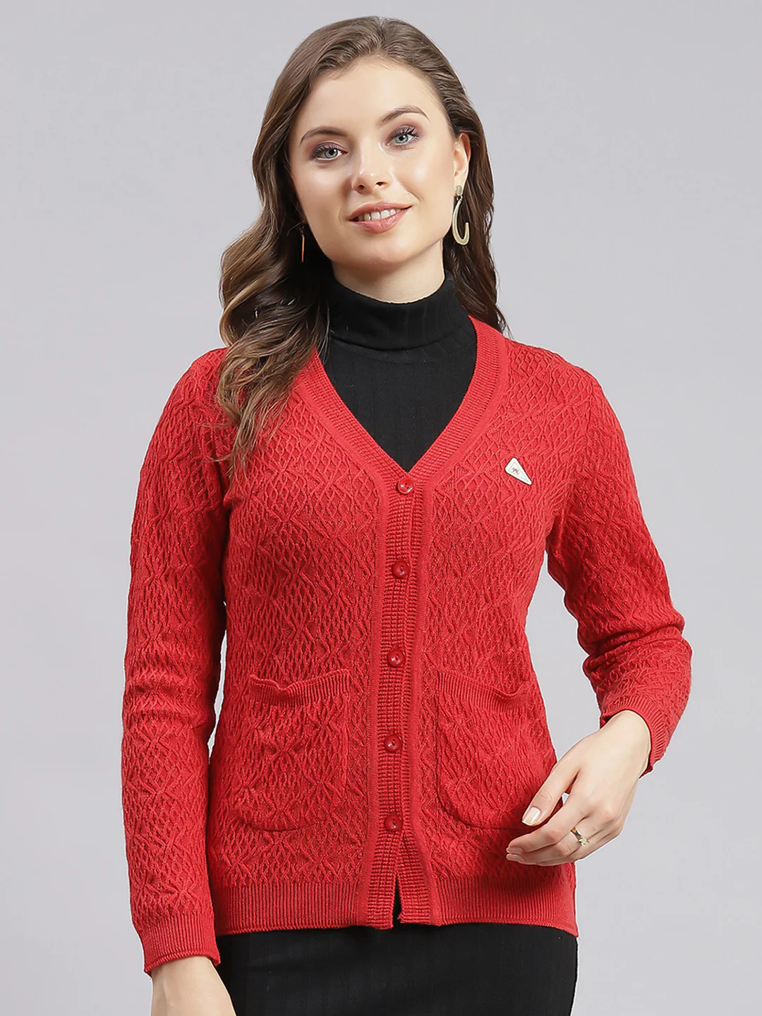 Women Red Self Design Wool blend Cardigan