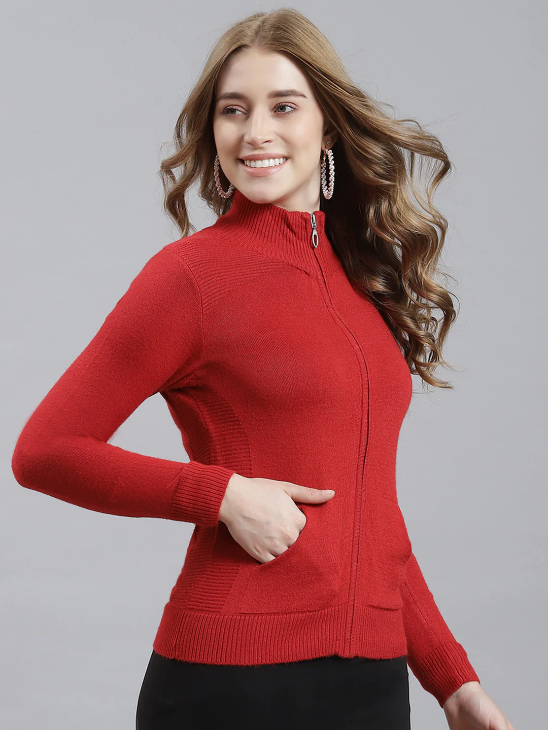 Women Red Solid Cardigan - Image 3