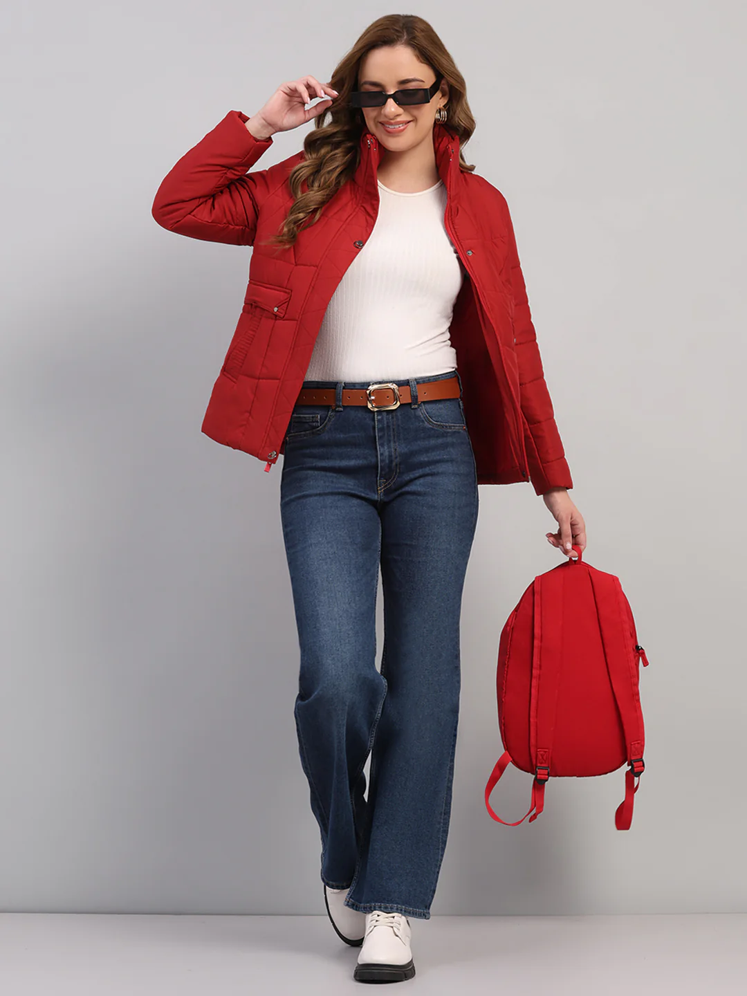Women Red Solid Collar Full Sleeve Jacket - Image 2