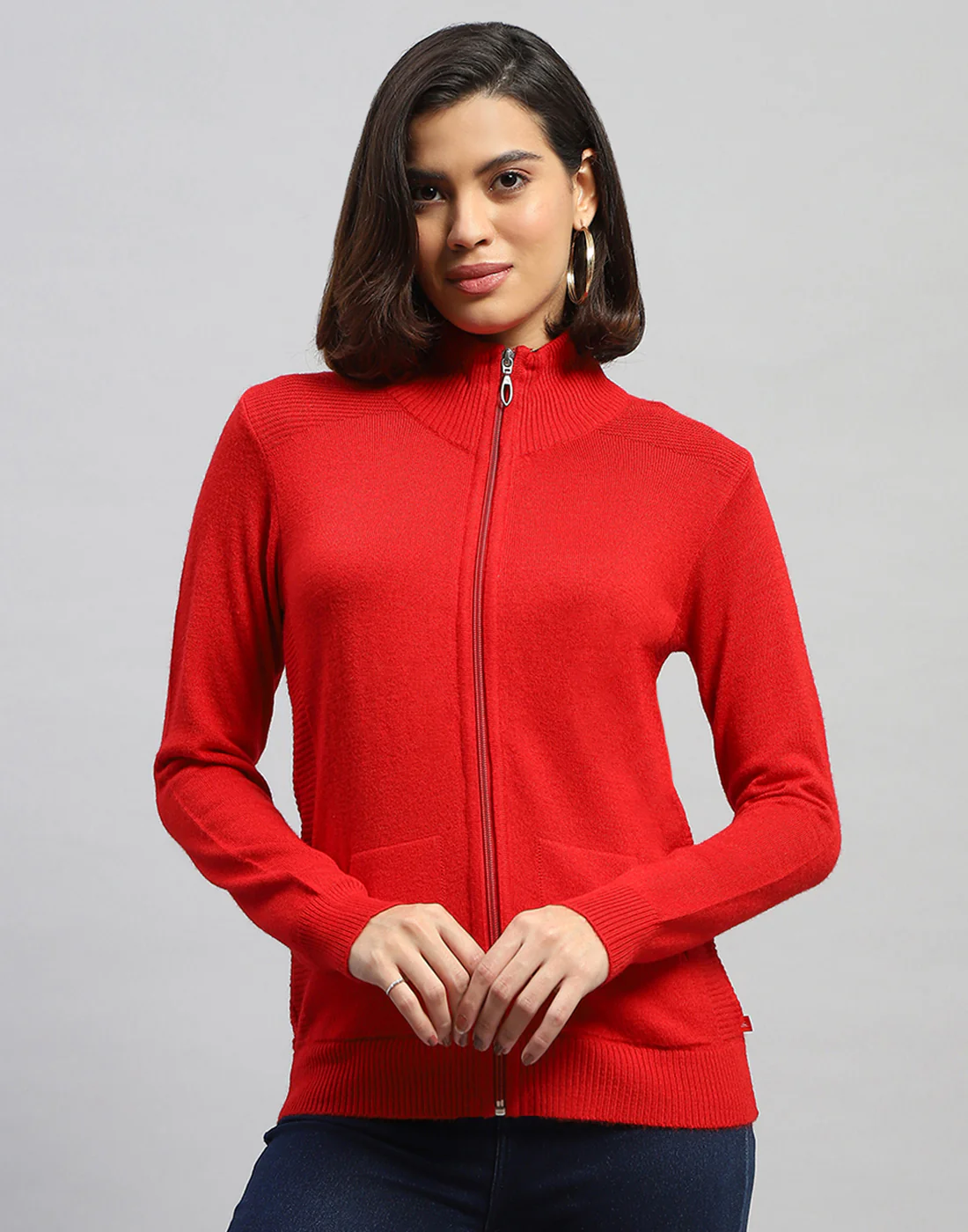 Women Red Solid High Neck Full Sleeve Cardigan - Image 2