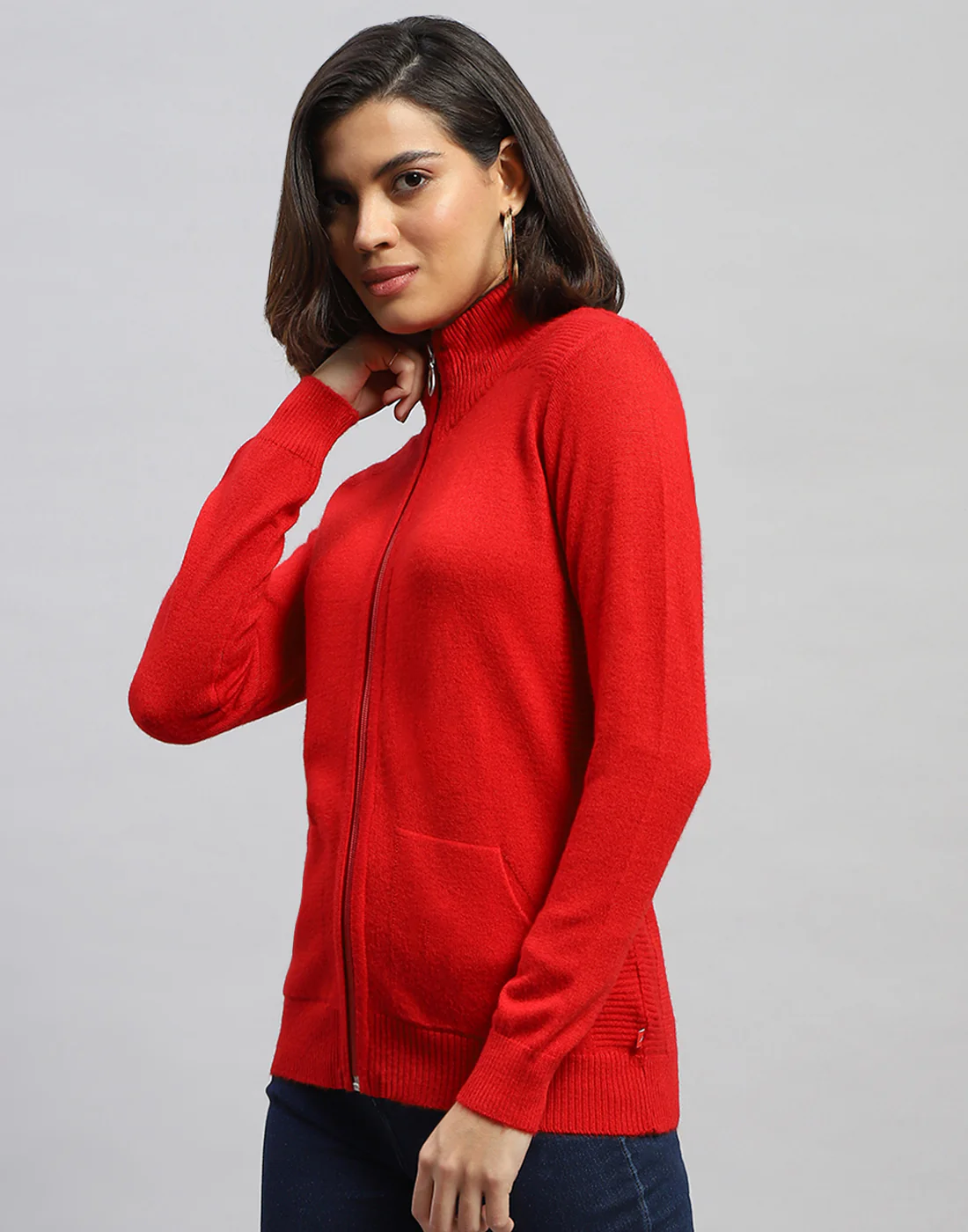 Women Red Solid High Neck Full Sleeve Cardigan - Image 3
