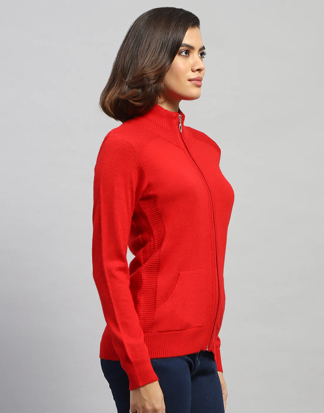 Women Red Solid High Neck Full Sleeve Cardigan - Image 4