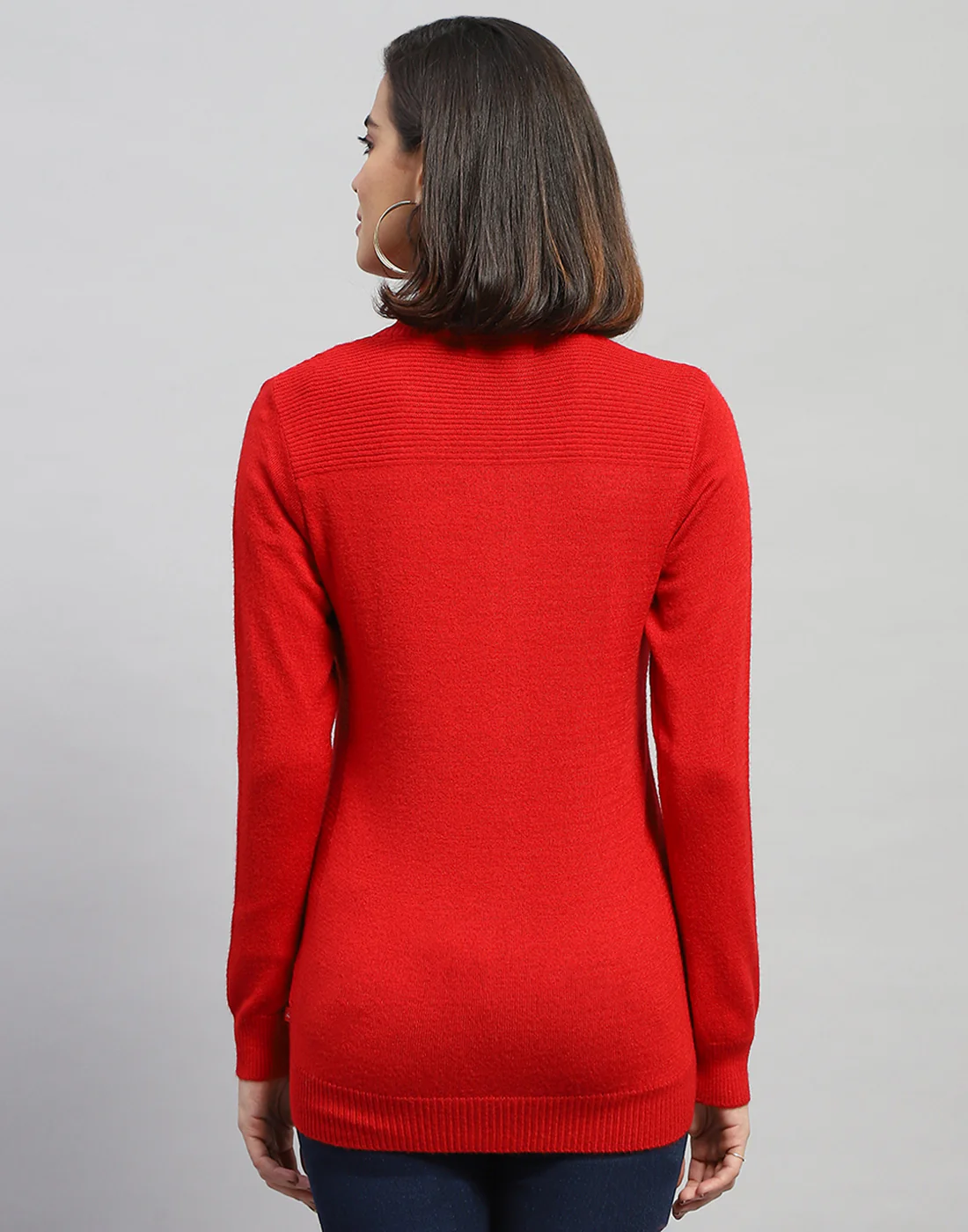 Women Red Solid High Neck Full Sleeve Cardigan - Image 5
