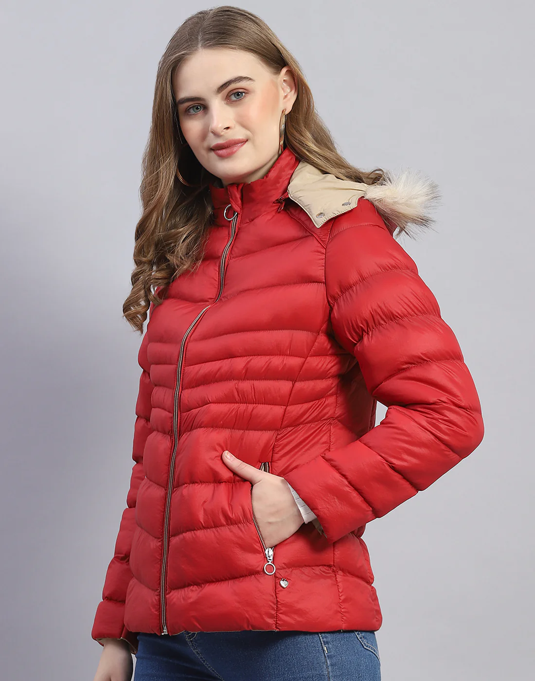 Women Red Solid Hooded Full Sleeve Jacket - Image 3