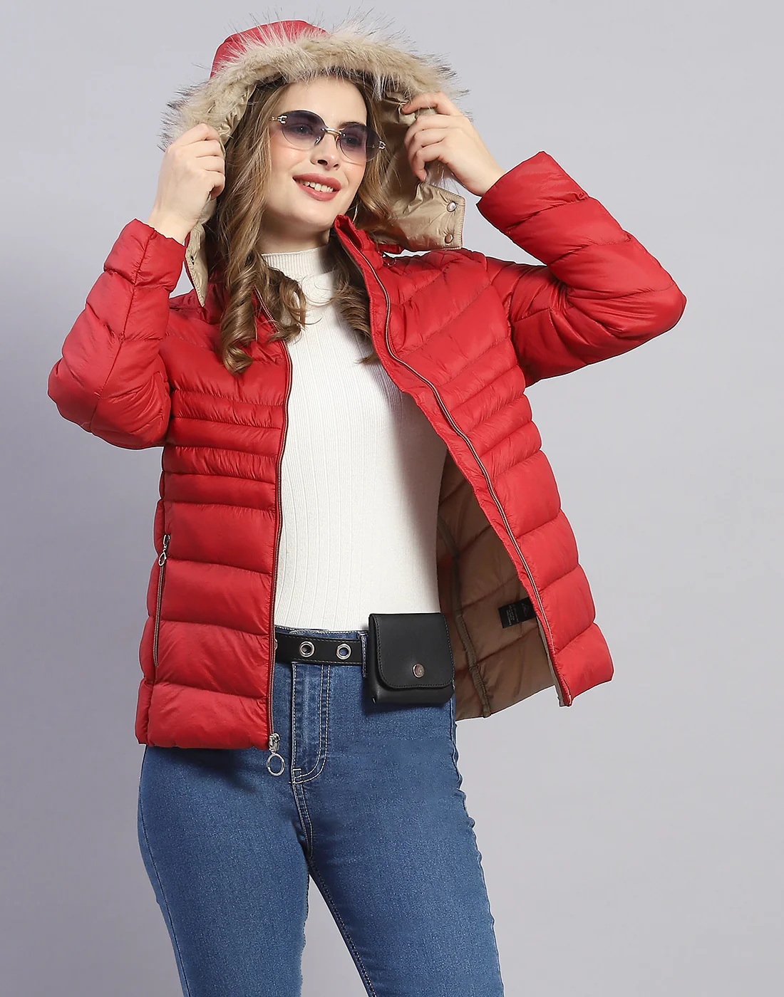Women Red Solid Hooded Full Sleeve Jacket - Image 6