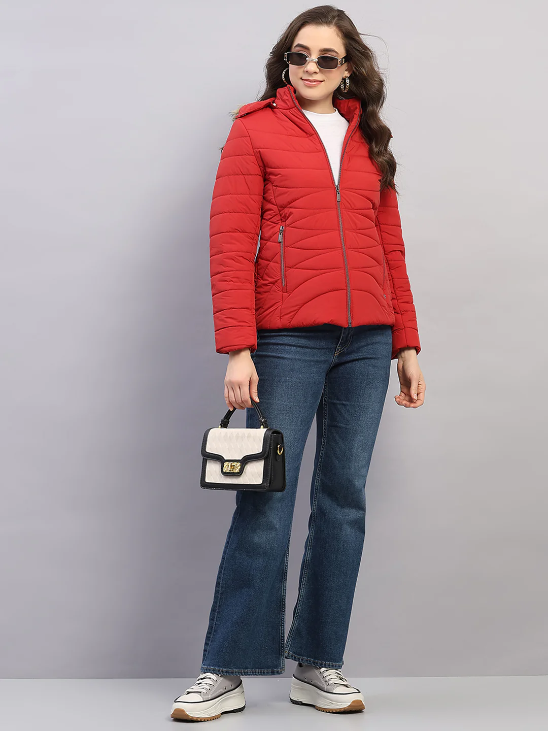Women Red Solid Hooded Full Sleeve Jacket - Image 2