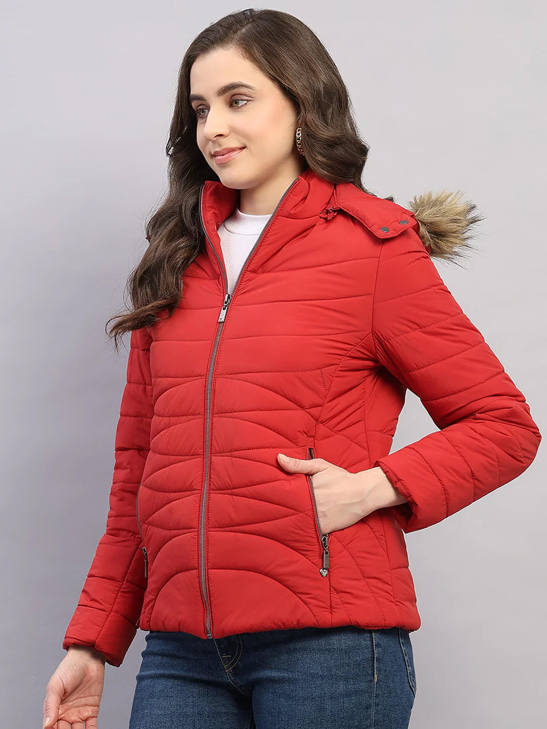 Women Red Solid Hooded Full Sleeve Jacket - Image 3