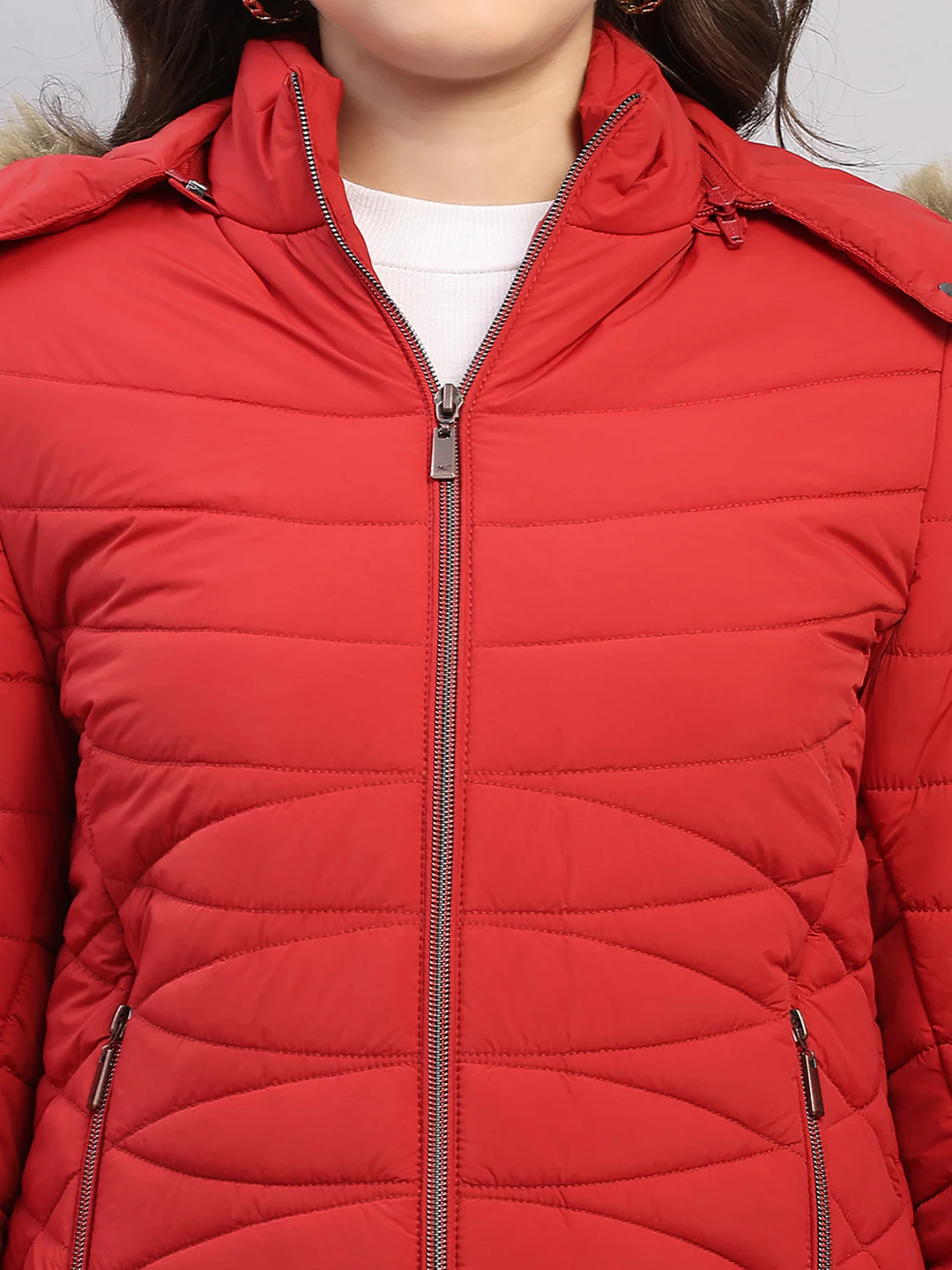Women Red Solid Hooded Full Sleeve Jacket - Image 7