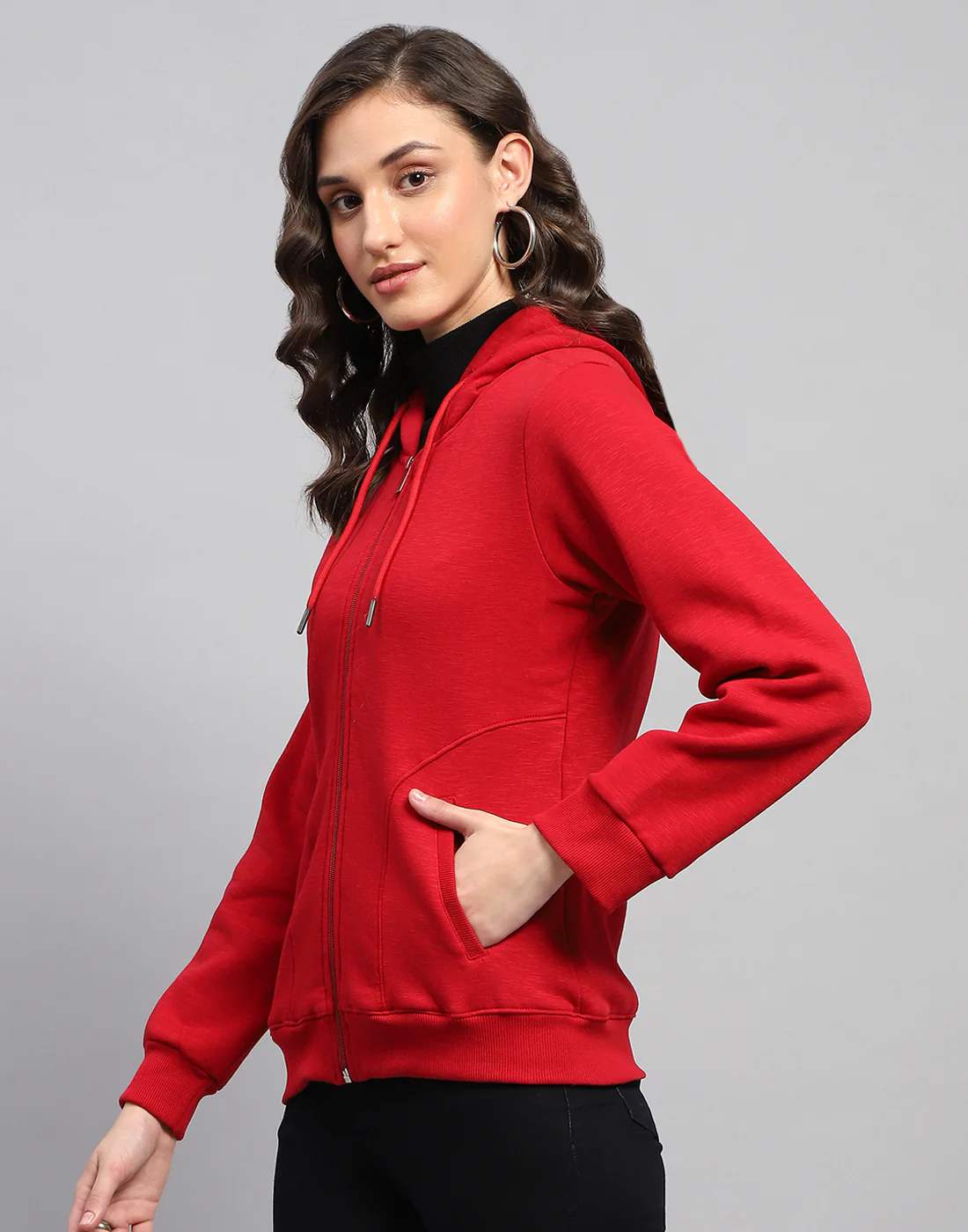Women Red Solid Hooded Full Sleeve Sweatshirt - Image 3