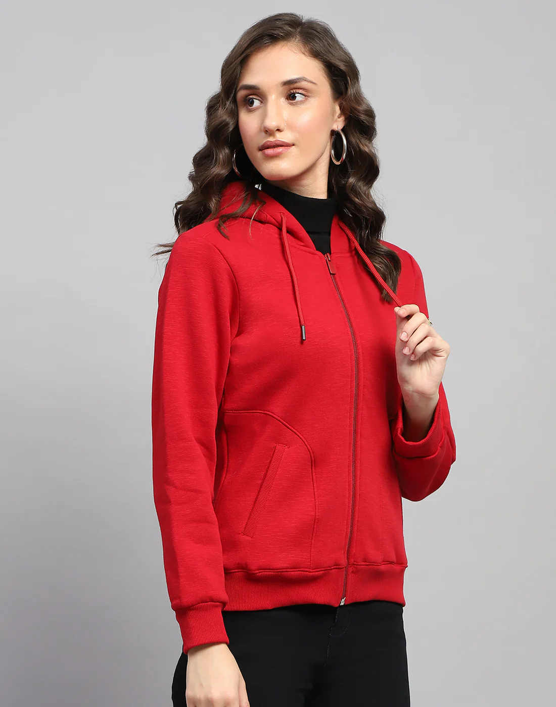 Women Red Solid Hooded Full Sleeve Sweatshirt - Image 4
