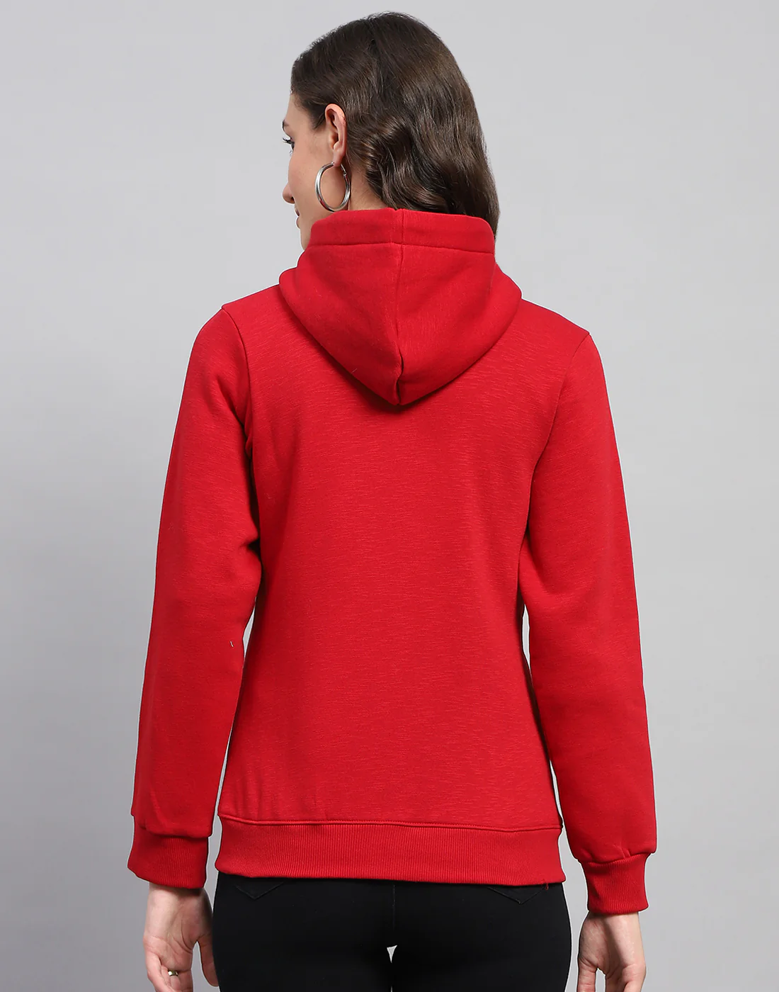 Women Red Solid Hooded Full Sleeve Sweatshirt - Image 5