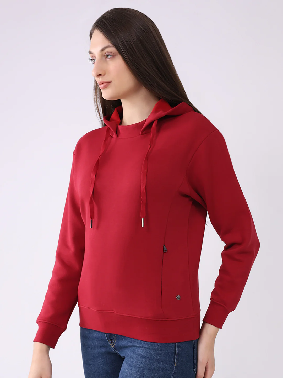 Women Red Solid Hooded Full Sleeve Sweatshirt - Image 3