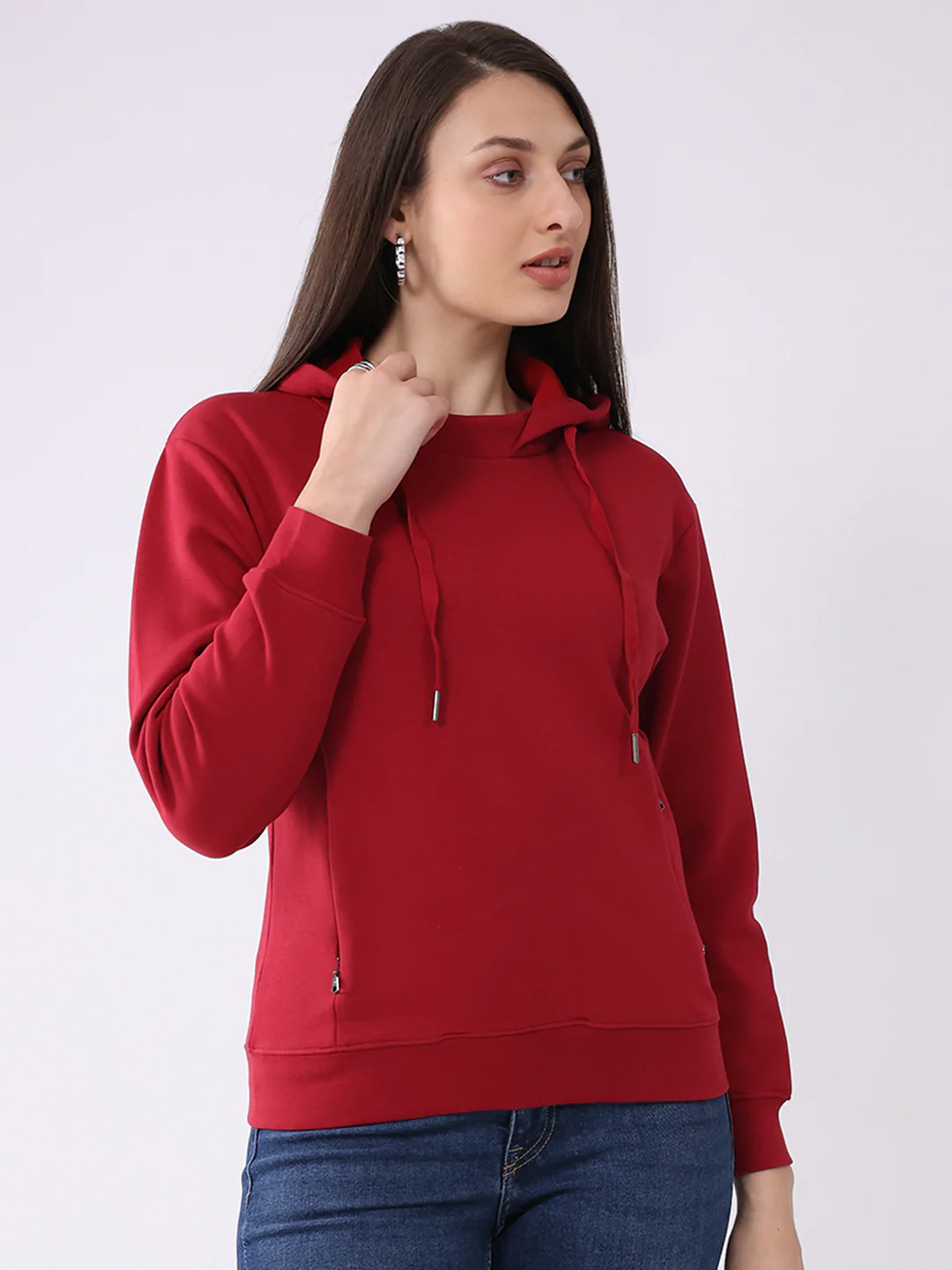 Women Red Solid Hooded Full Sleeve Sweatshirt - Image 4