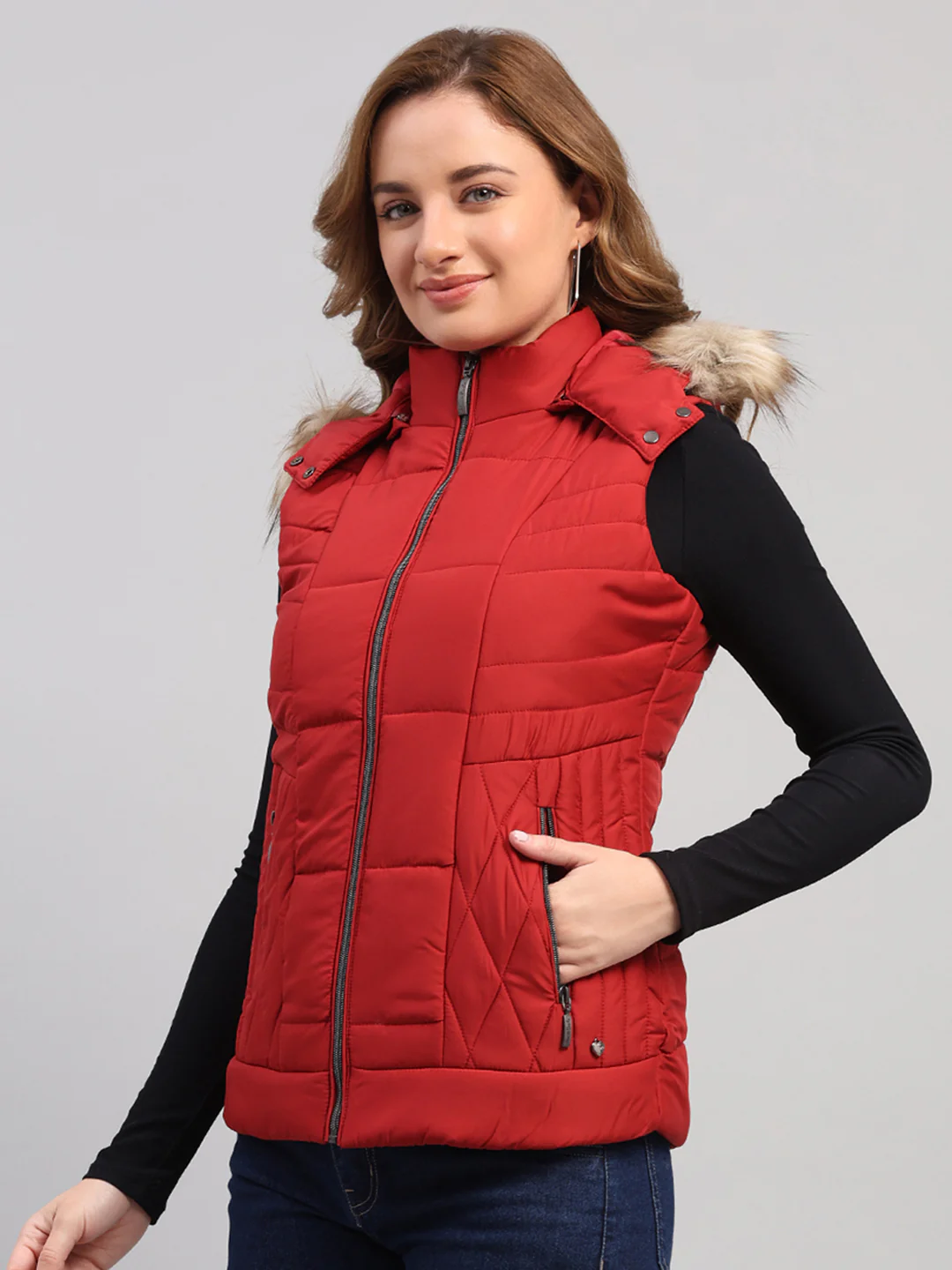 Women Red Solid Hooded Sleeveless Jacket - Image 3