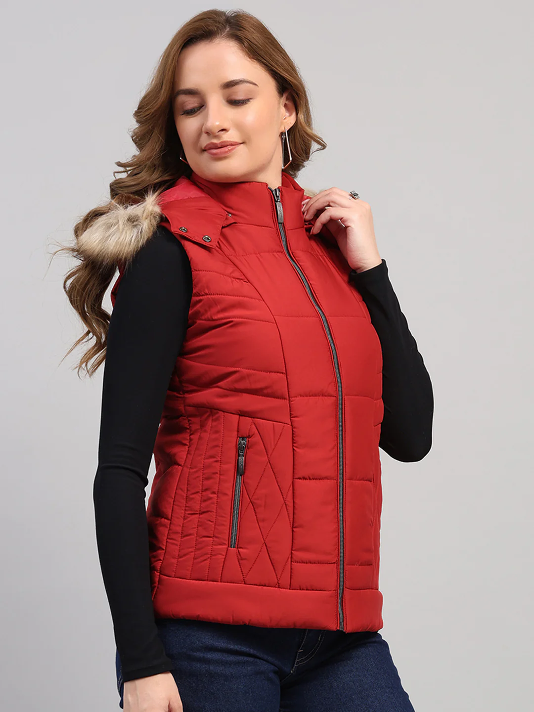 Women Red Solid Hooded Sleeveless Jacket - Image 4