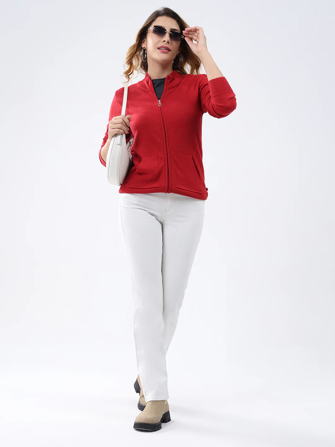 Women Red Solid Mock Neck Full Sleeve Cardigan - Image 2