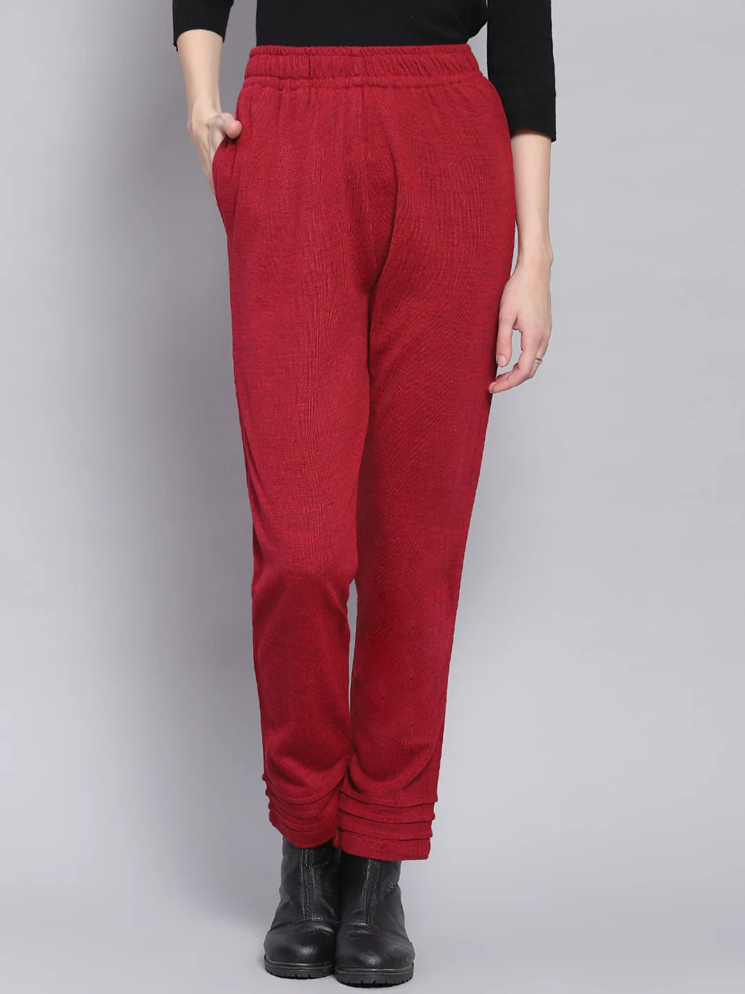 Women Red Solid Regular Fit Winter Lowers - Image 2