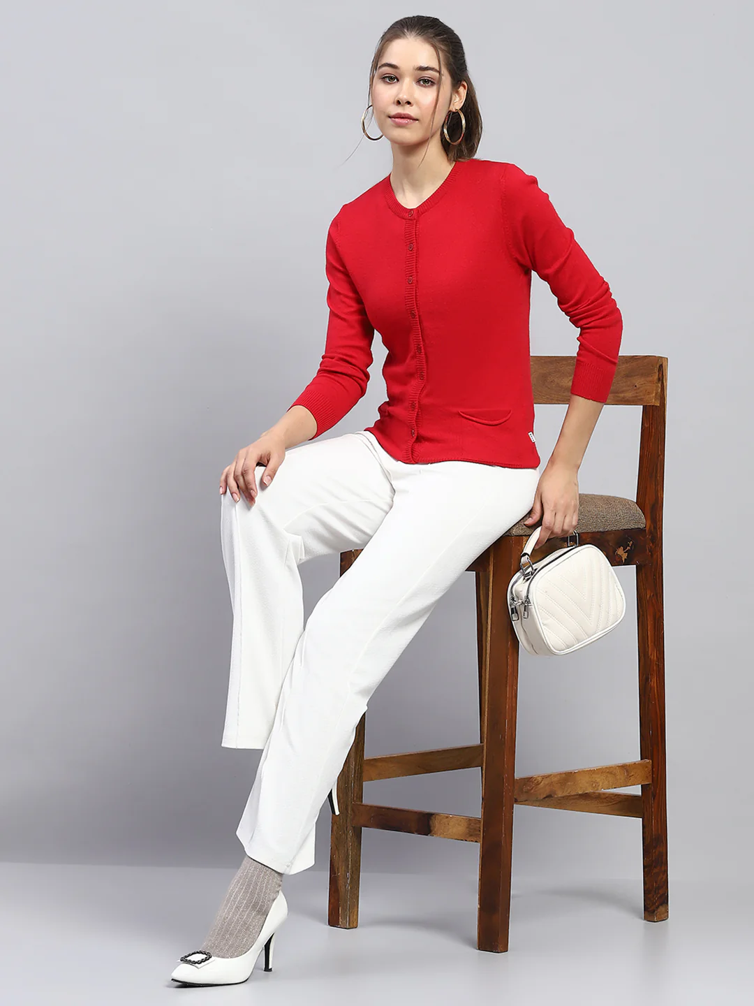 Women Red Solid Round Neck Full Sleeve Cardigan - Image 2