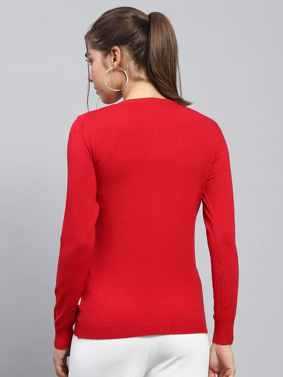 Women Red Solid Round Neck Full Sleeve Cardigan - Image 5