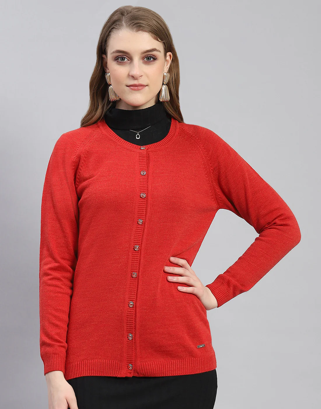 Women Red Solid Round Neck Full Sleeve Cardigan - Image 2