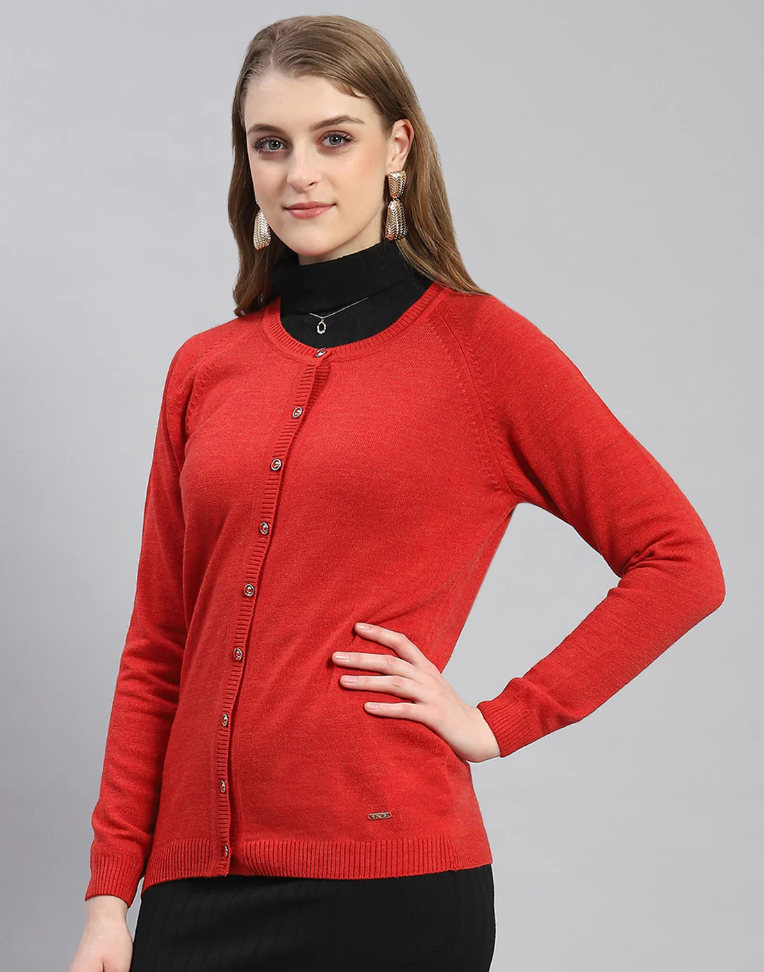 Women Red Solid Round Neck Full Sleeve Cardigan - Image 3