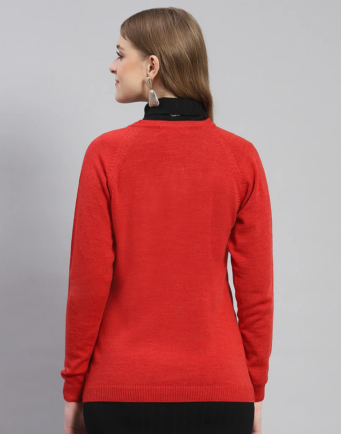 Women Red Solid Round Neck Full Sleeve Cardigan - Image 5