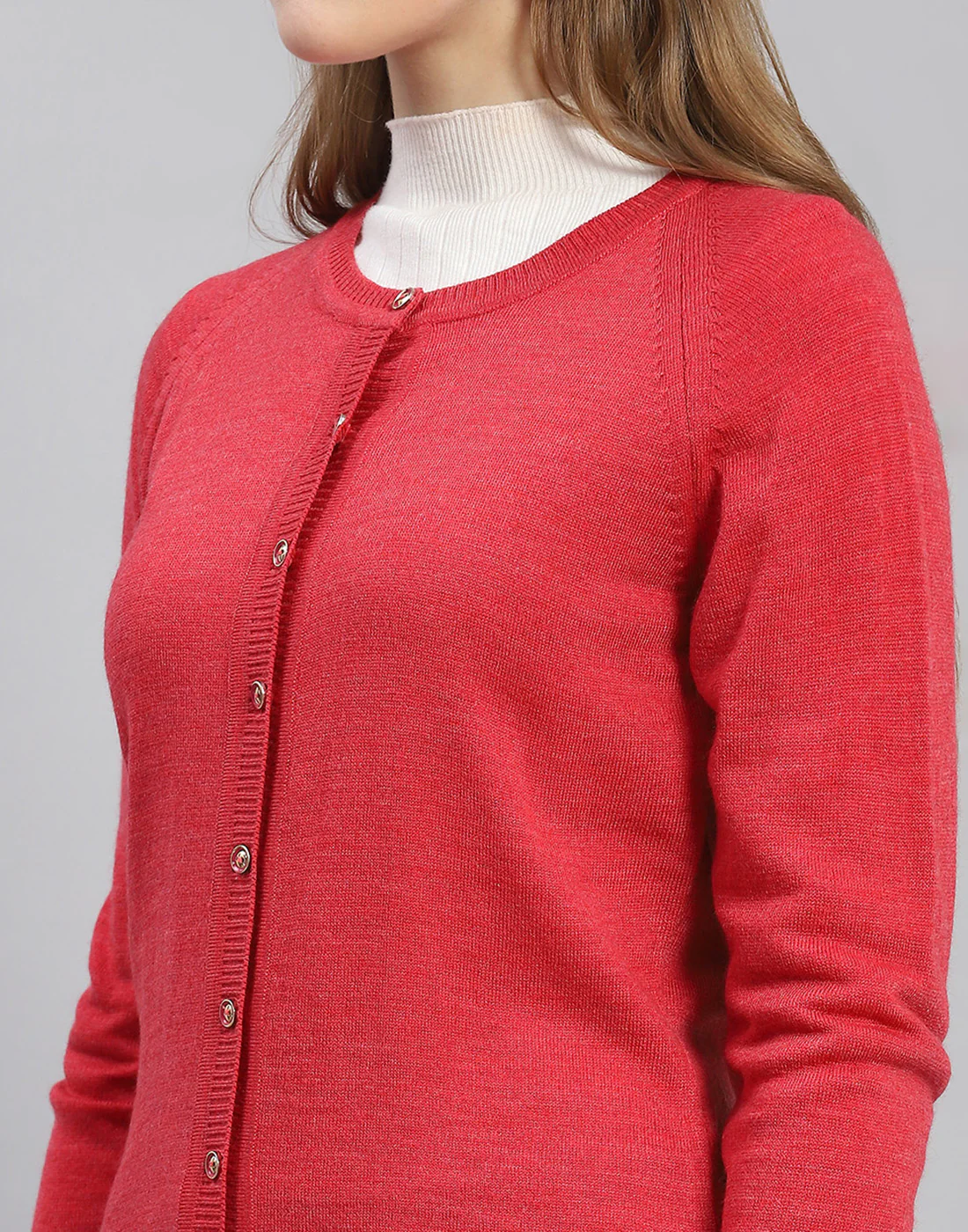 Women Red Solid Round Neck Full Sleeve Cardigan - Image 7