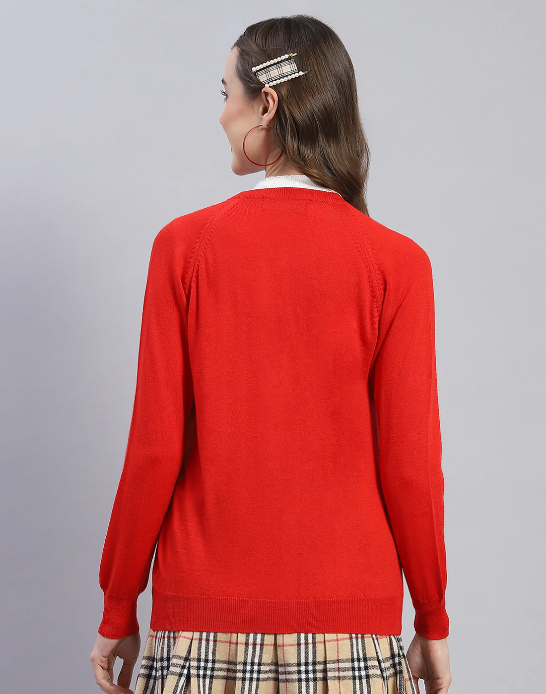 Women Red Solid Round Neck Full Sleeve Cardigan - Image 5