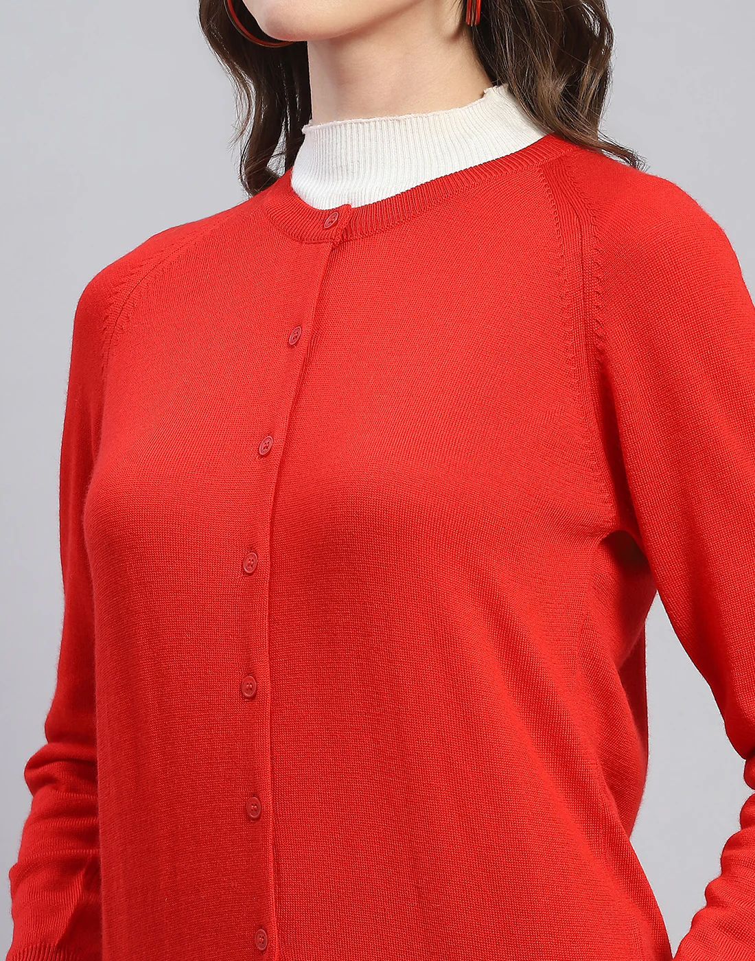 Women Red Solid Round Neck Full Sleeve Cardigan - Image 7