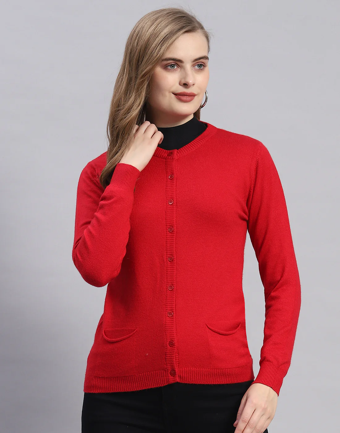 Women Red Solid Round Neck Full Sleeve Cardigan - Image 2