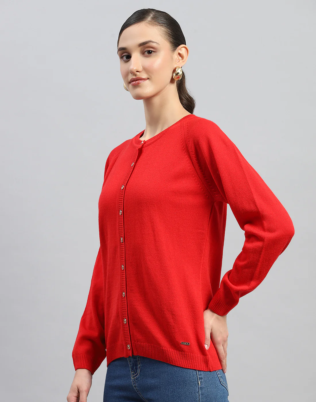 Women Red Solid Round Neck Full Sleeve Cardigan - Image 3