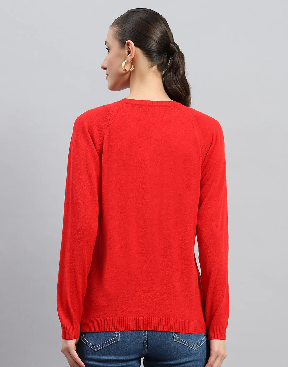 Women Red Solid Round Neck Full Sleeve Cardigan - Image 5