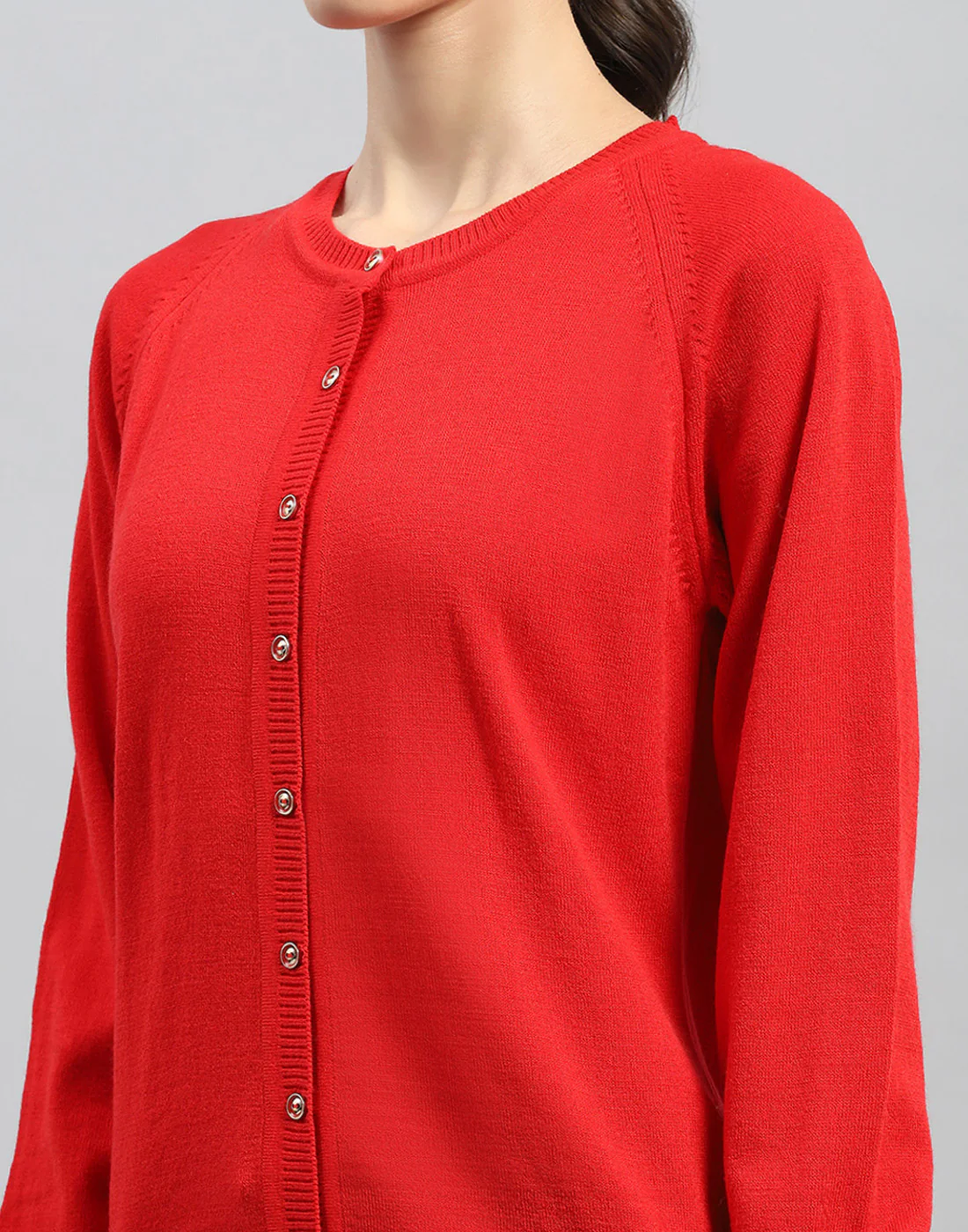 Women Red Solid Round Neck Full Sleeve Cardigan - Image 6