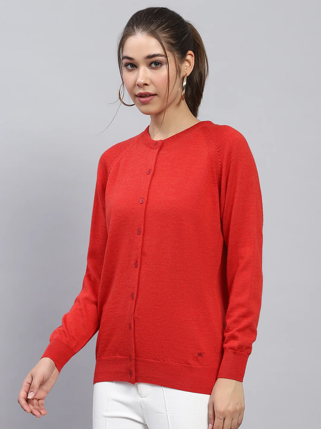 Women Red Solid Round Neck Full Sleeve Cardigan - Image 3