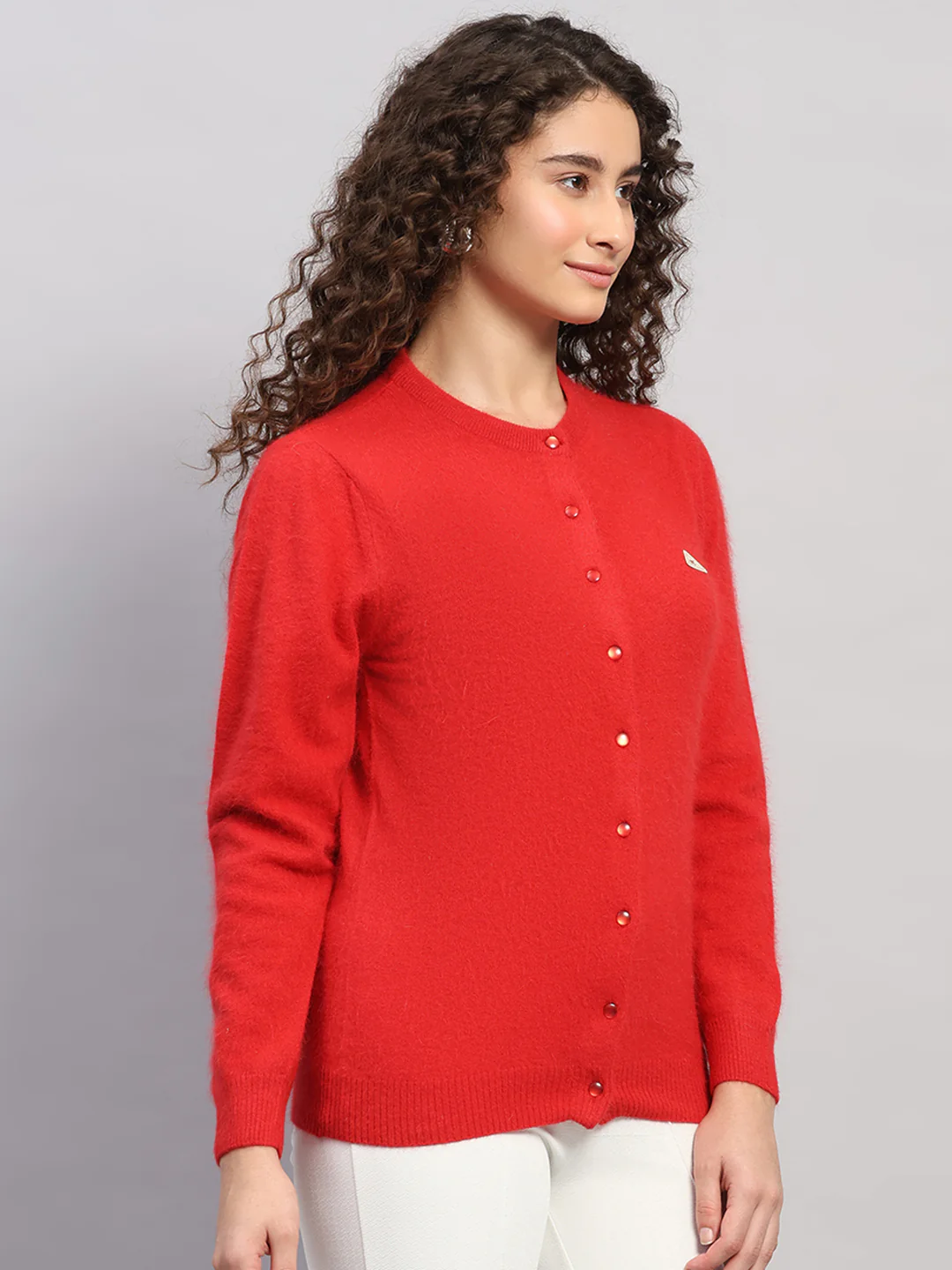 Women Red Solid Round Neck Full Sleeve Cardigan - Image 4