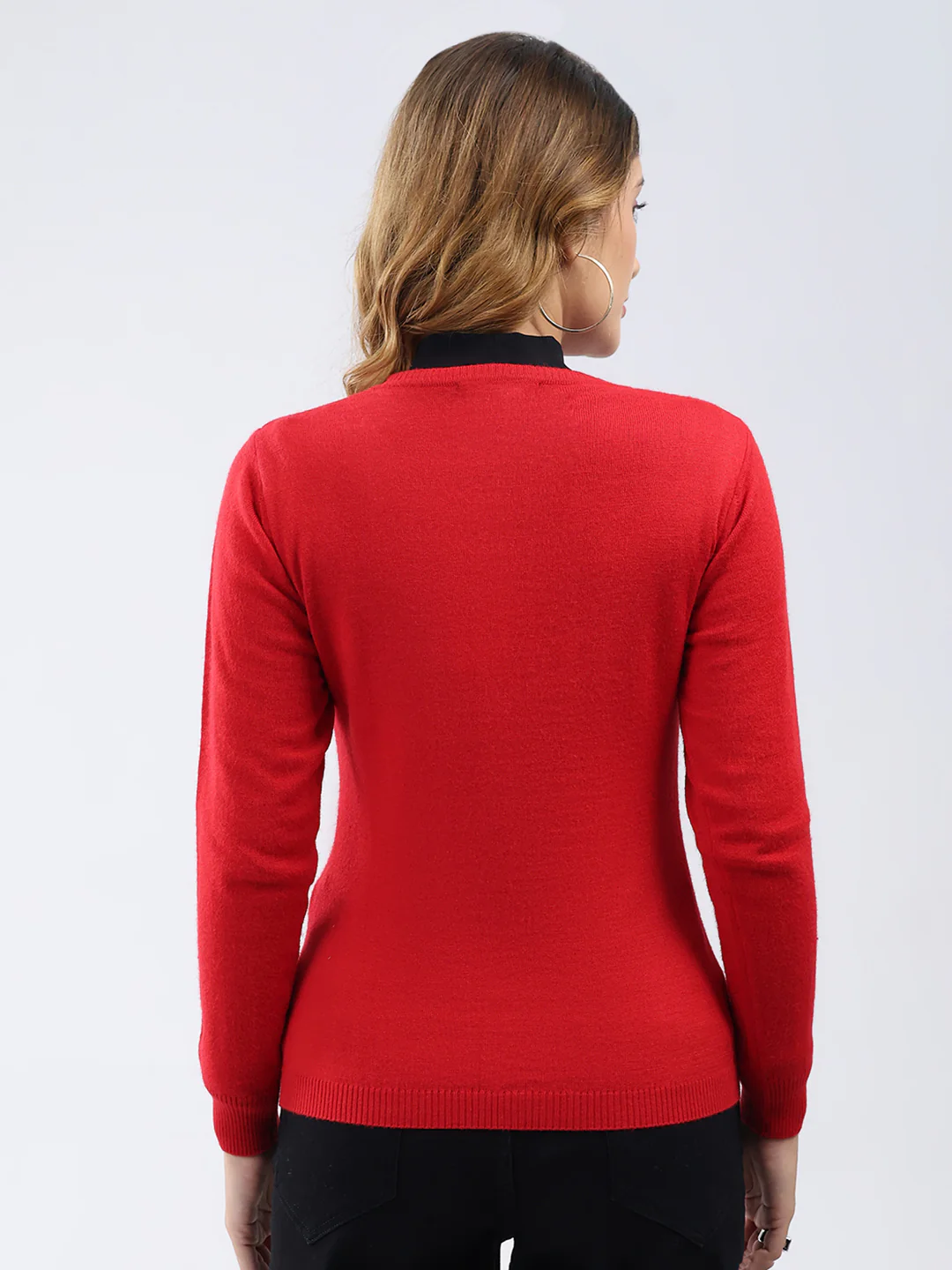 Women Red Solid Round Neck Full Sleeve Cardigan - Image 5