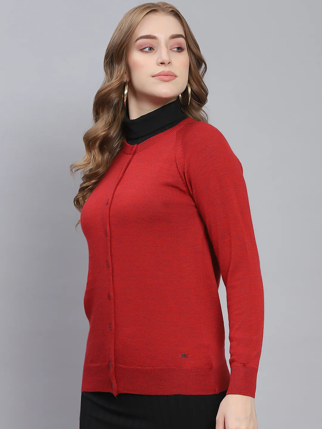 Women Red Solid Round Neck Full Sleeve Cardigans - Image 3