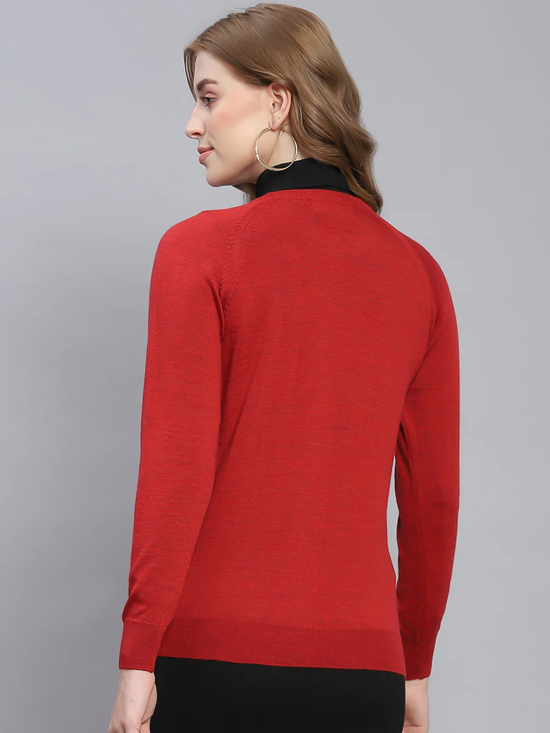 Women Red Solid Round Neck Full Sleeve Cardigans - Image 5