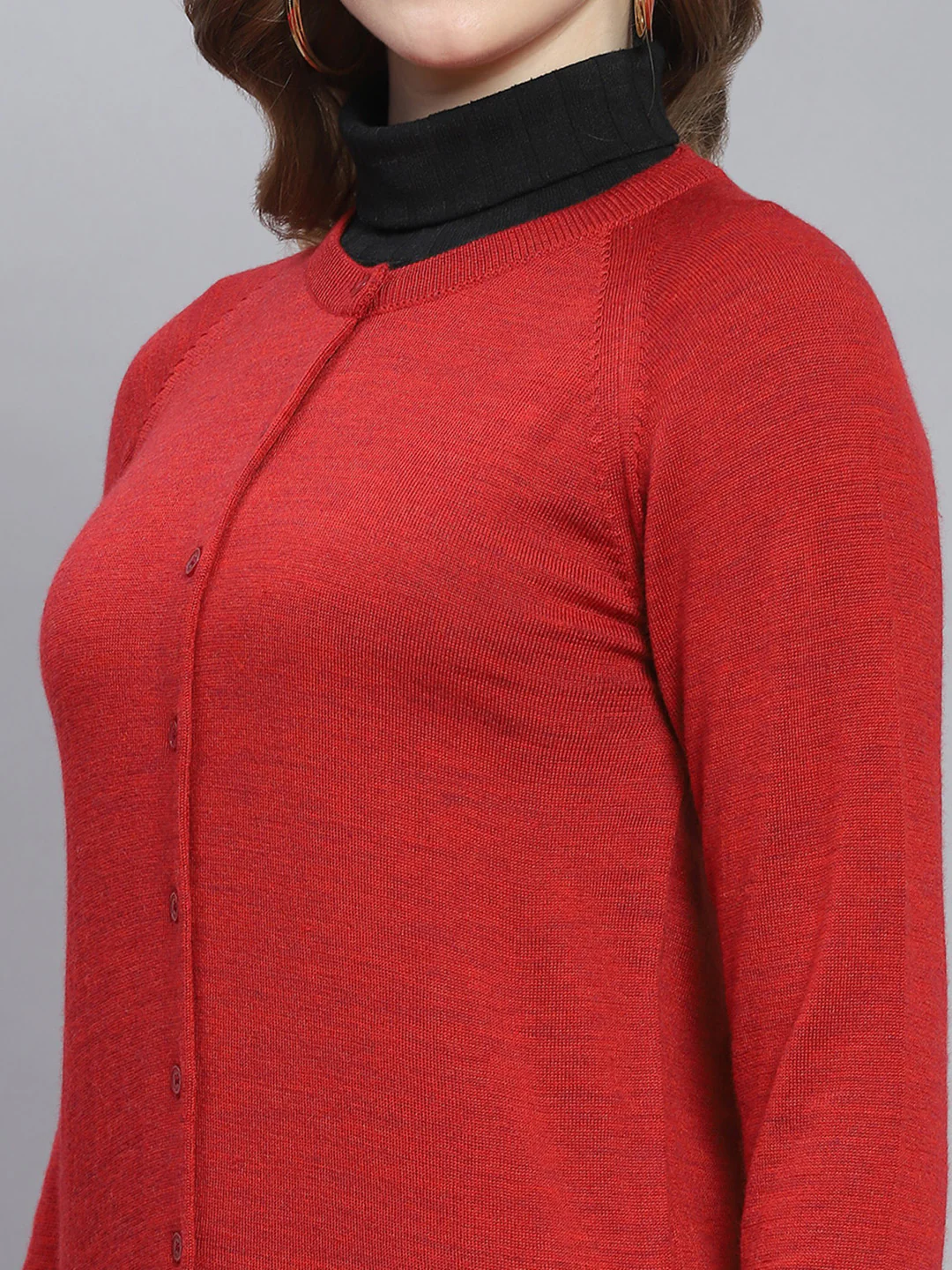 Women Red Solid Round Neck Full Sleeve Cardigans - Image 6