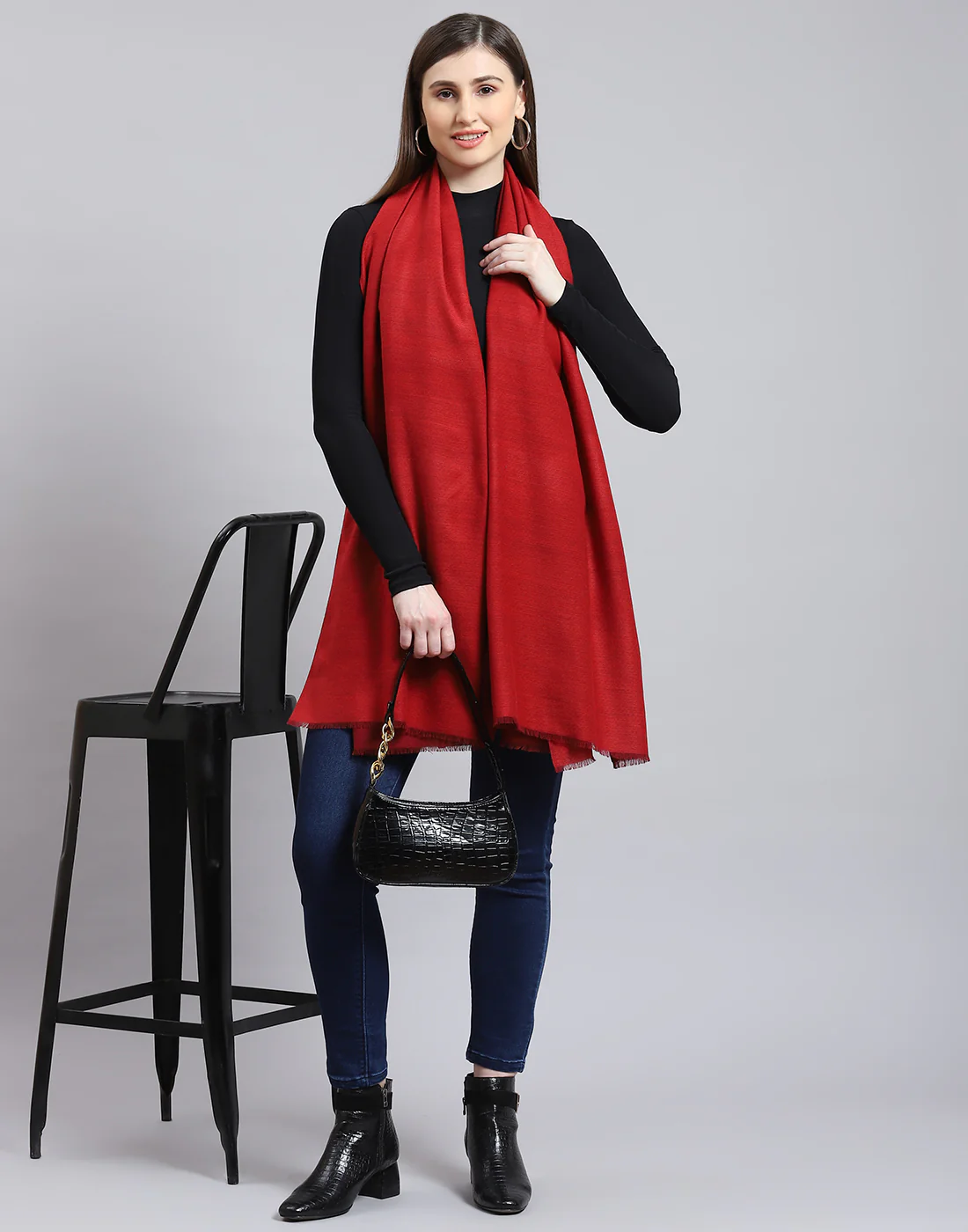 Women Red Solid Shawl - Image 2
