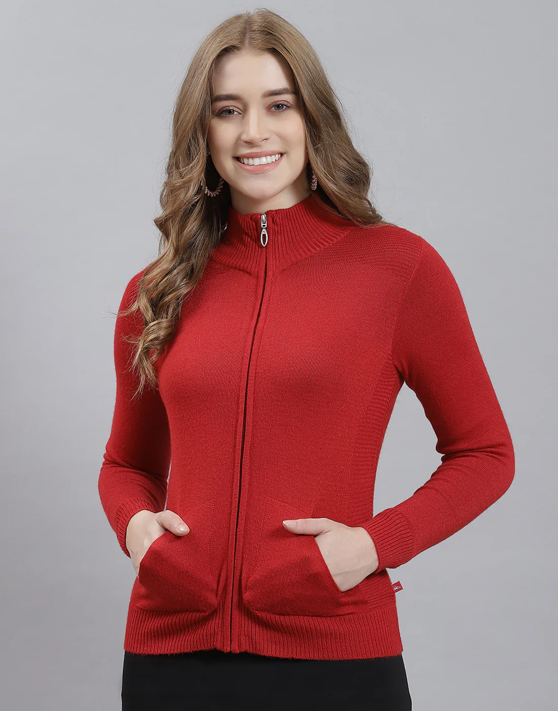 Women Red Solid Stand Collar Full Sleeve Cardigan - Image 3